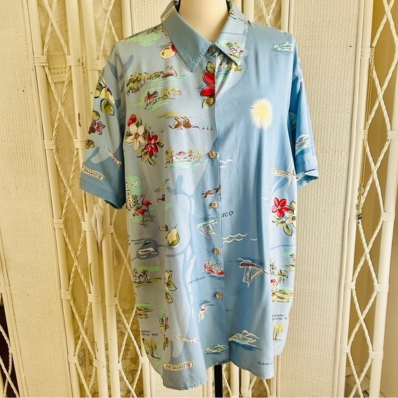Vintage 90s Blouse Silk Button Front Florida Coast Tropics Floral Blue size 20W - Picture 2 of 16
